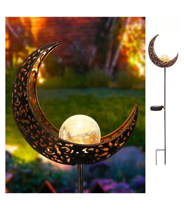 Moon Solar Garden Lights 04 Moon Solar Garden Lights Outdoor Stakes Waterproof Crackle Glass Metal Lights - Image 1